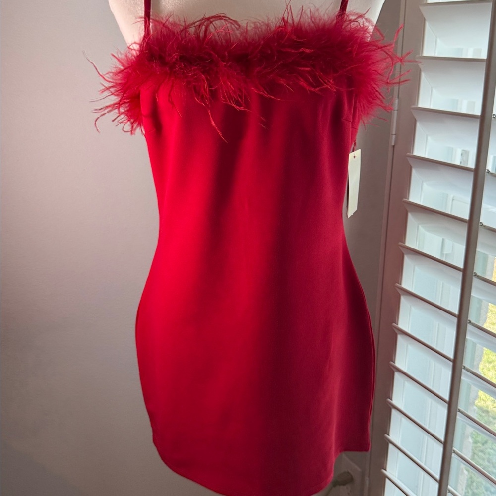 Red Feather-Trim Mini Slip Dress